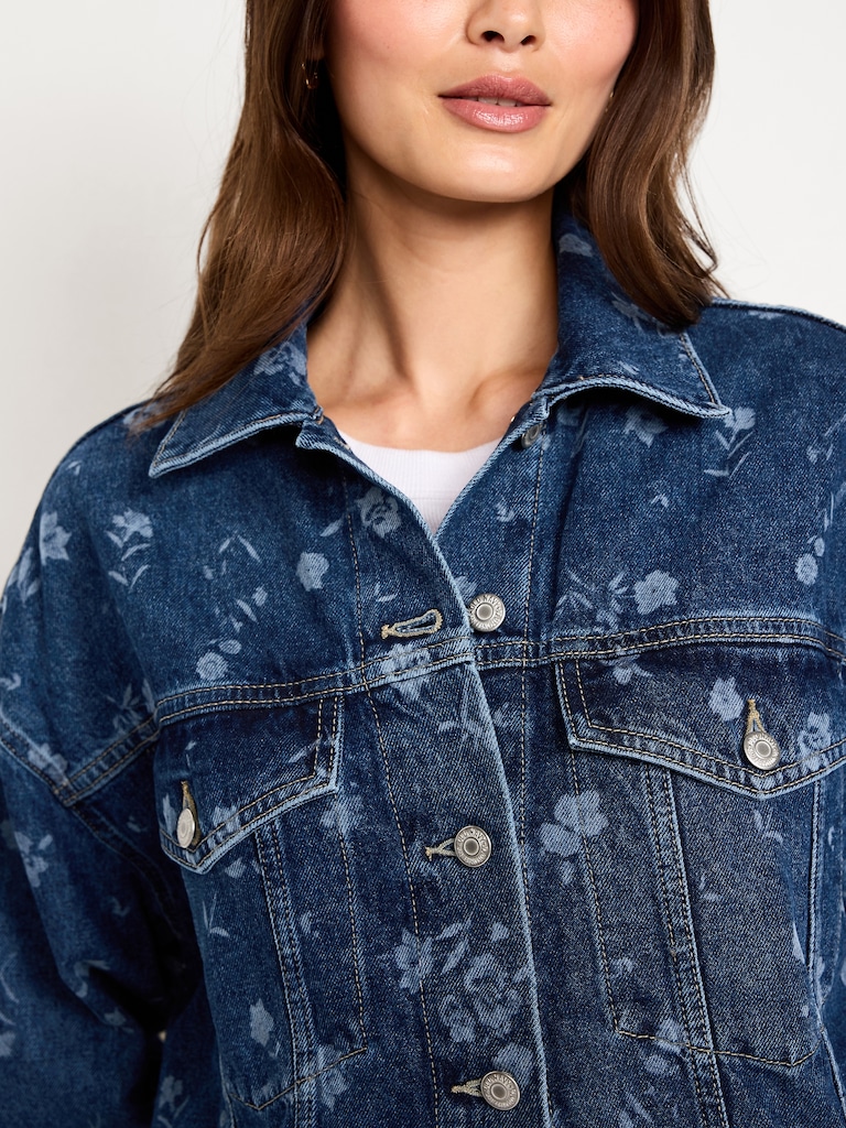 Oversized Floral Print Jean Trucker Jacket