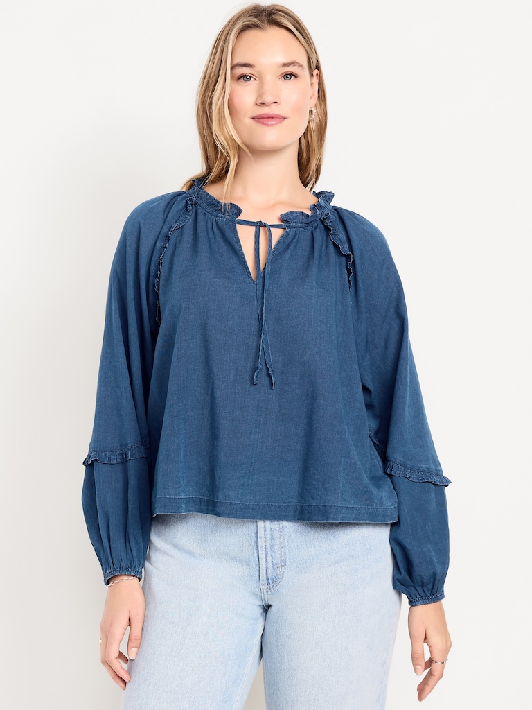 Long-Sleeve Ruffle Trim Top