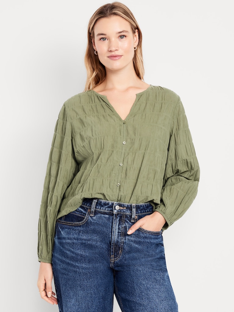 Lightweight Button-Down Smocked Top