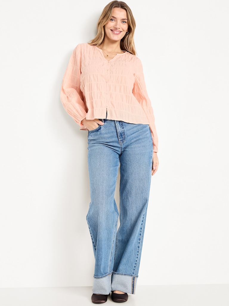 Lightweight Button-Down Smocked Top