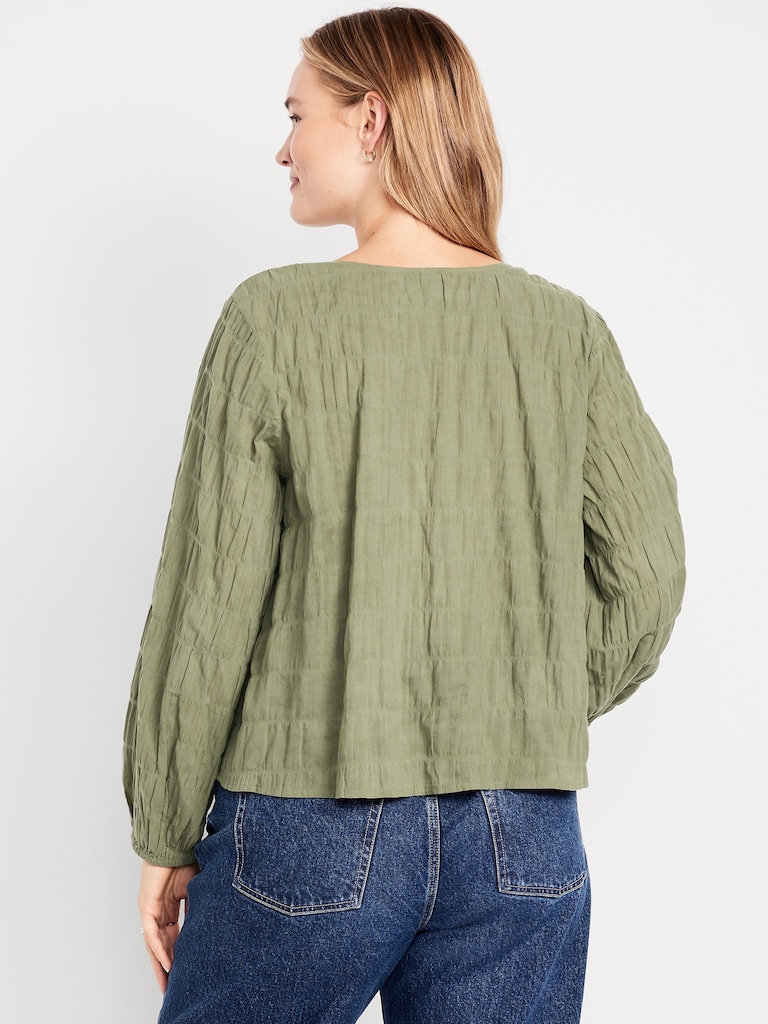 Lightweight Button-Down Smocked Top