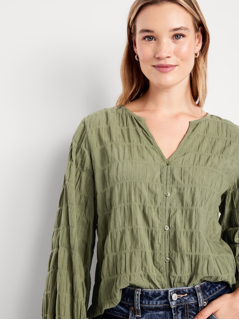 Lightweight Button-Down Smocked Top