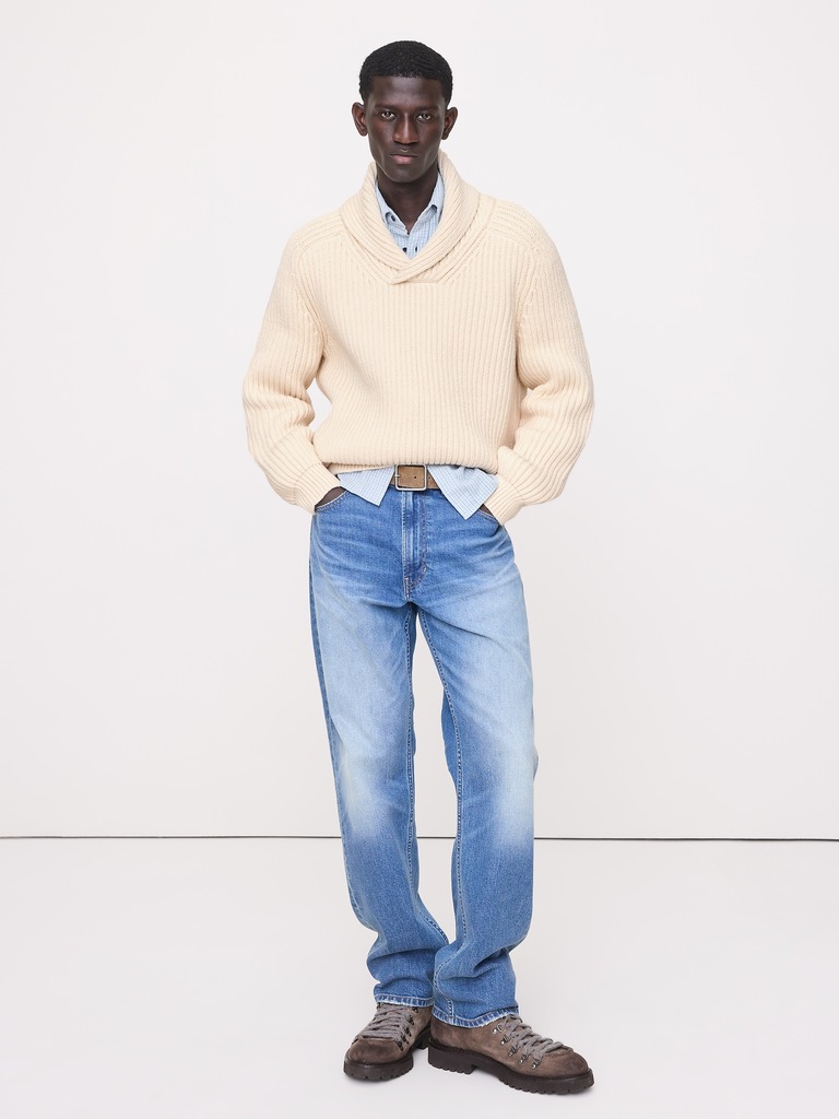 Ribbed Shawl-Collar Sweater