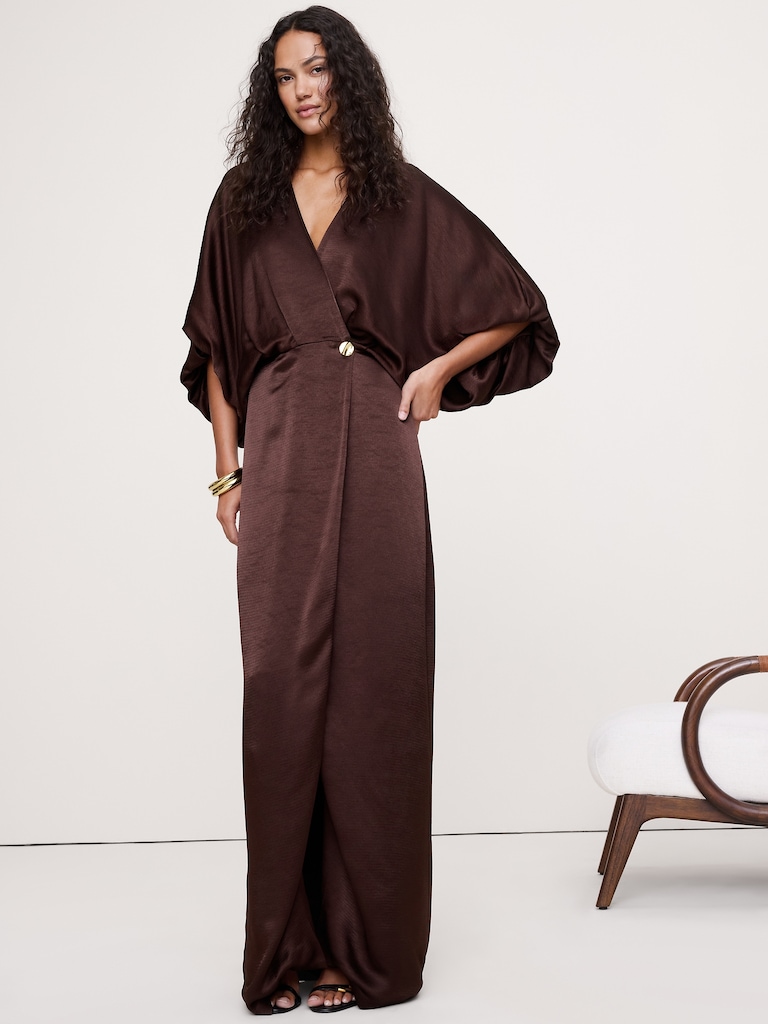 Hammered Satin Wrap Maxi Dress