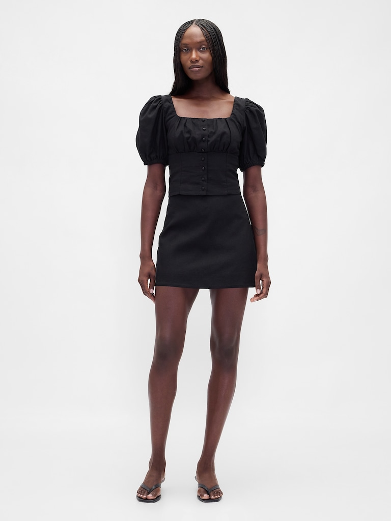 Linen-Blend Puff-Sleeve Crop Corset Top