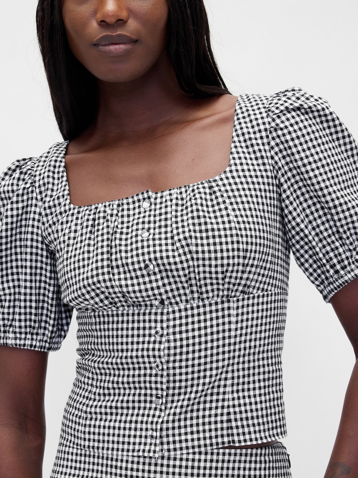 Linen-Blend Puff-Sleeve Crop Corset Top