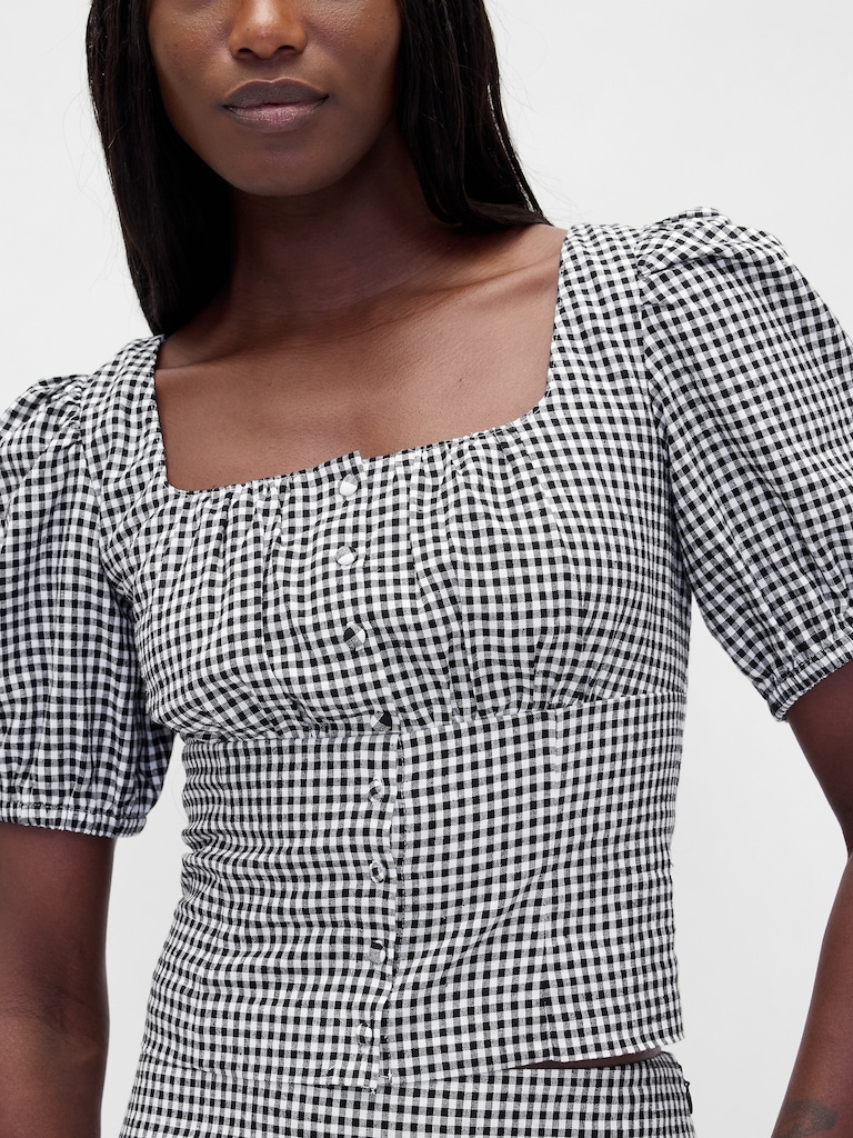 Linen-Blend Puff-Sleeve Crop Corset Top