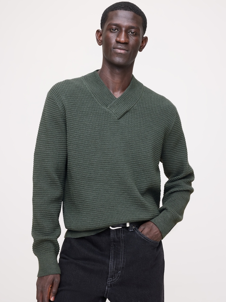 Cotton Thermal-Knit V-Neck Sweater