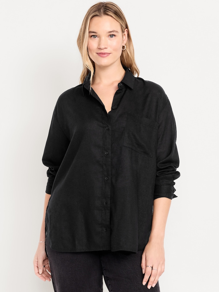 Linen-Blend Loose Button-Down Shirt