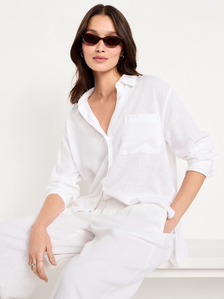 Linen-Blend Loose Button-Down Shirt
