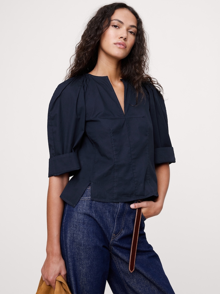 Stretch-Cotton Volume-Sleeve Top