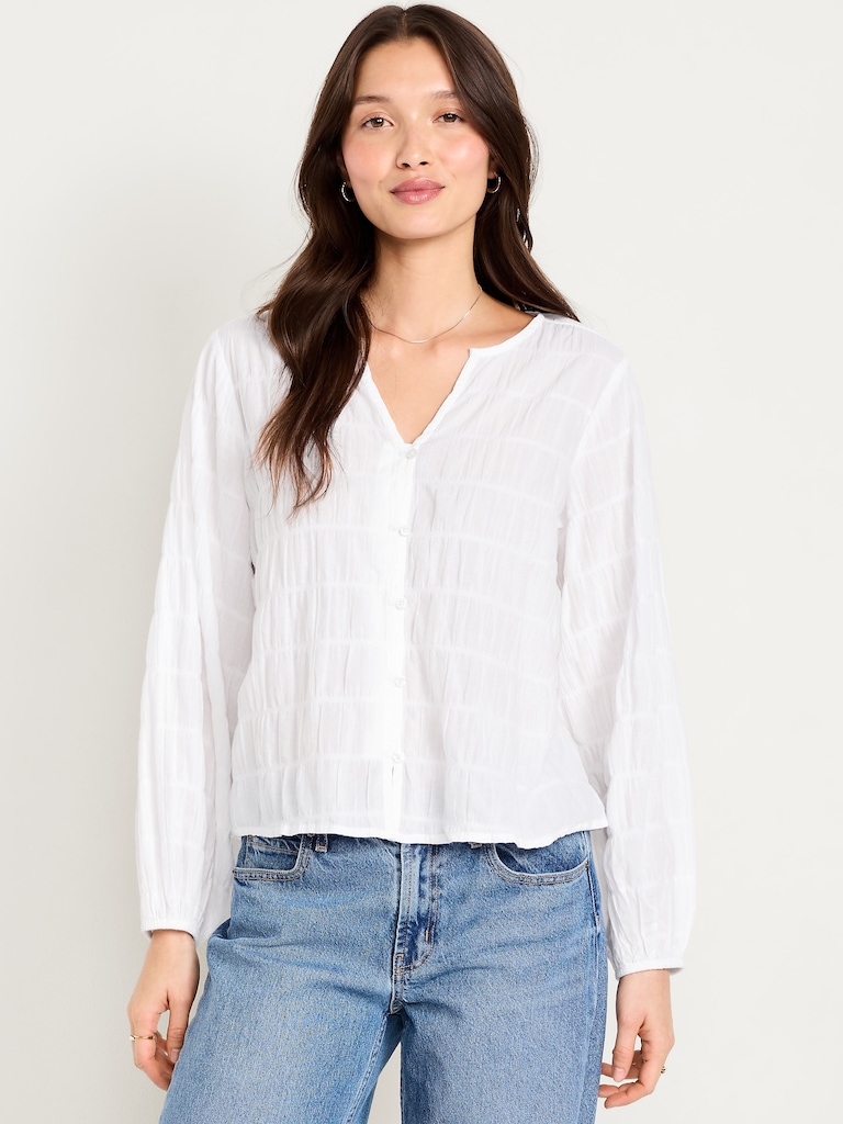 Lightweight Button-Down Smocked Top