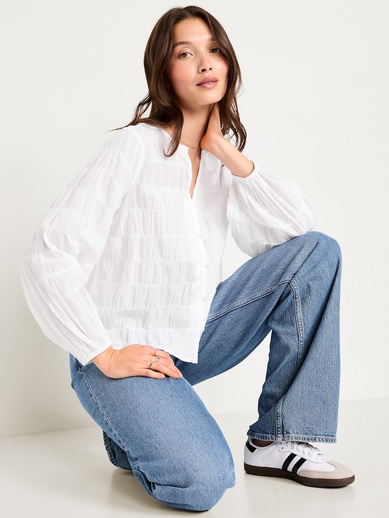 Lightweight Button-Down Smocked Top