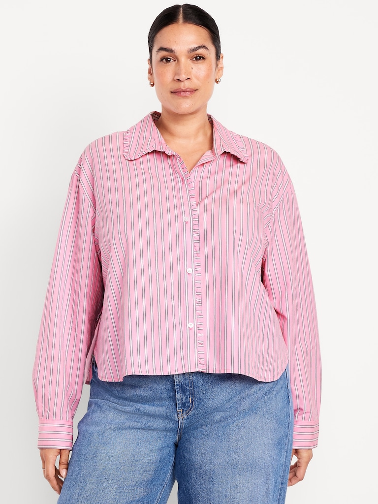 Cropped Button-Down Ruffle-Front Shirt