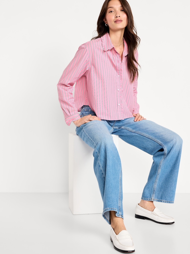 Cropped Button-Down Ruffle-Front Shirt