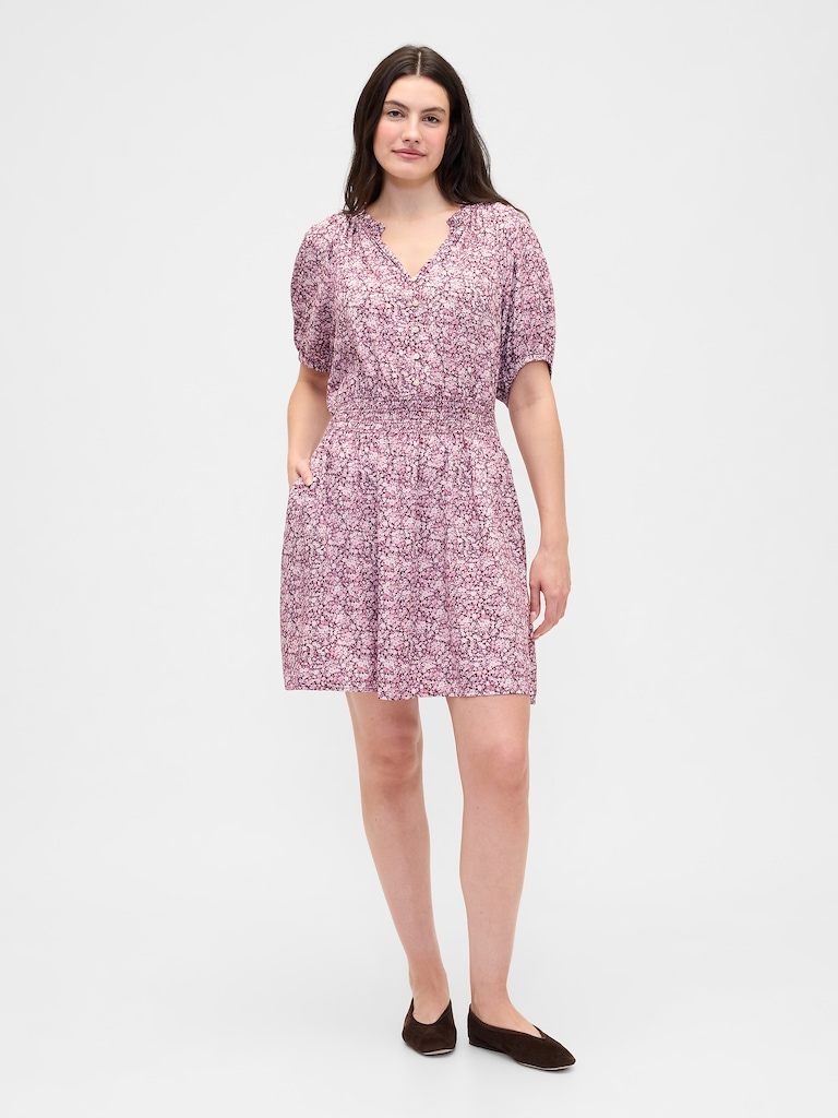 Relaxed Smocked Splitneck Mini Dress