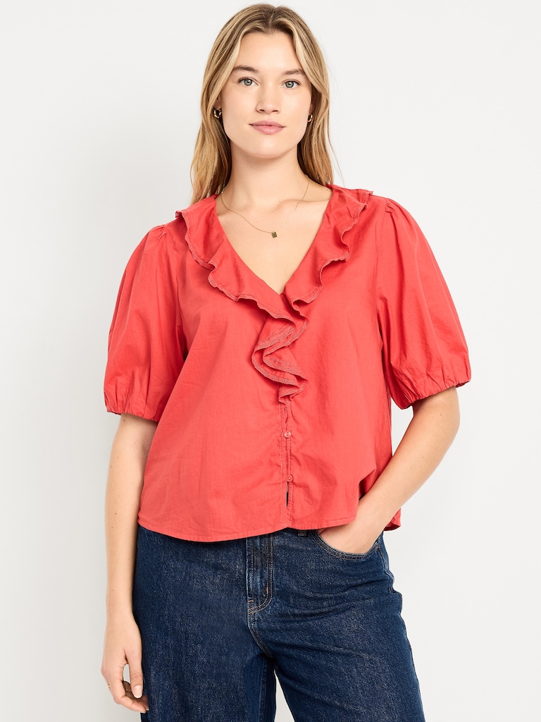 Ruffle Collar Button-Down Top