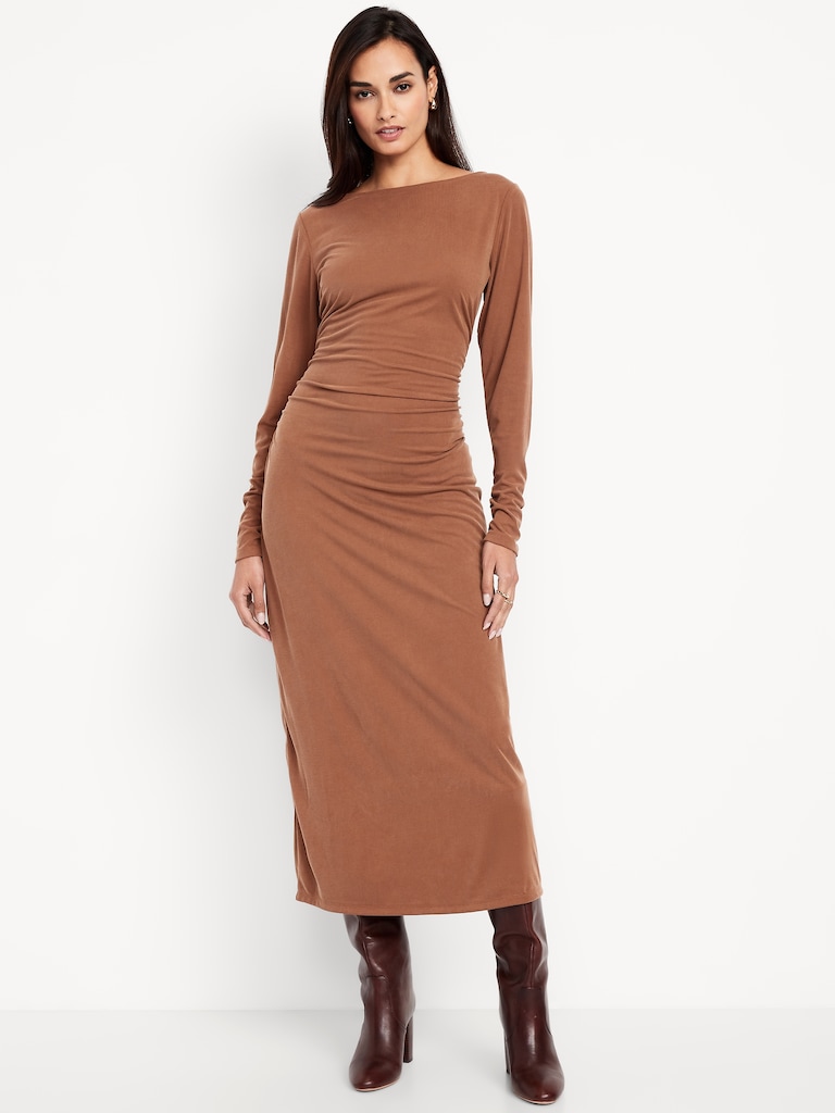 Boat-Neck Ruched Maxi Dress
