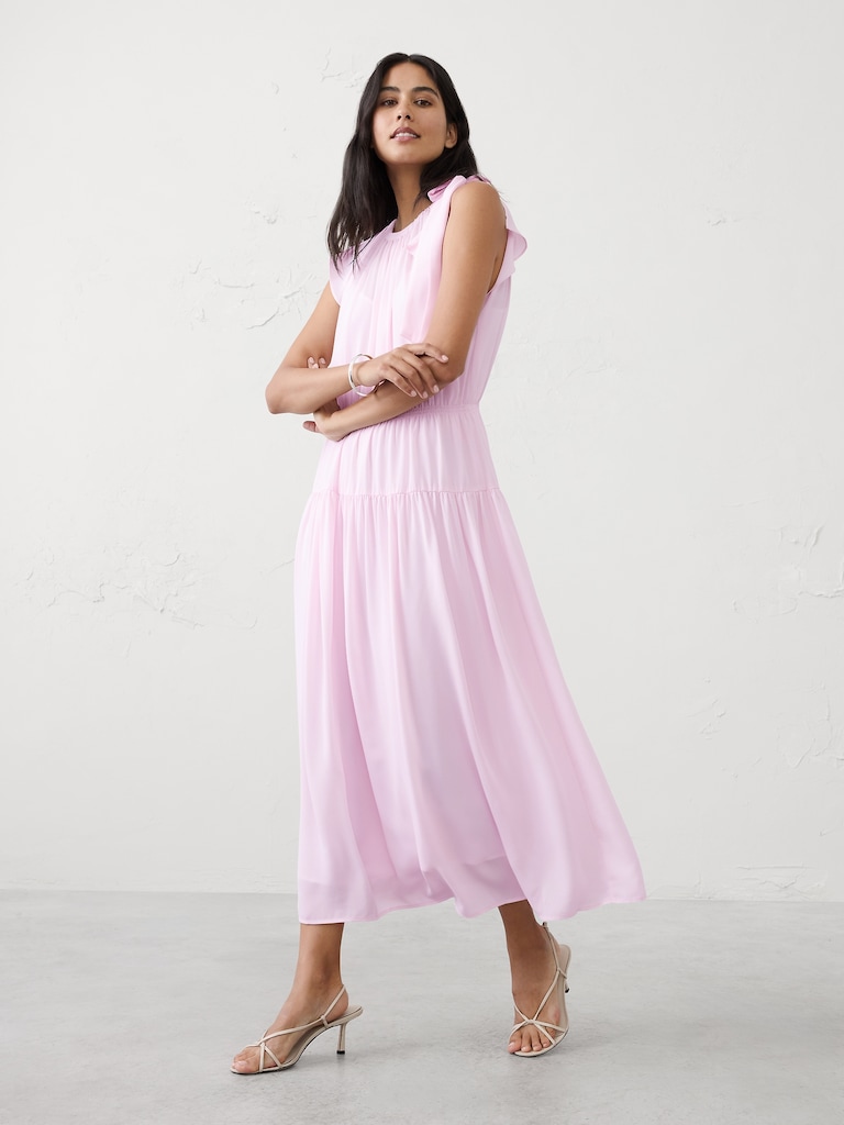 Shirred-Neck Drop-Waist Midi Dress