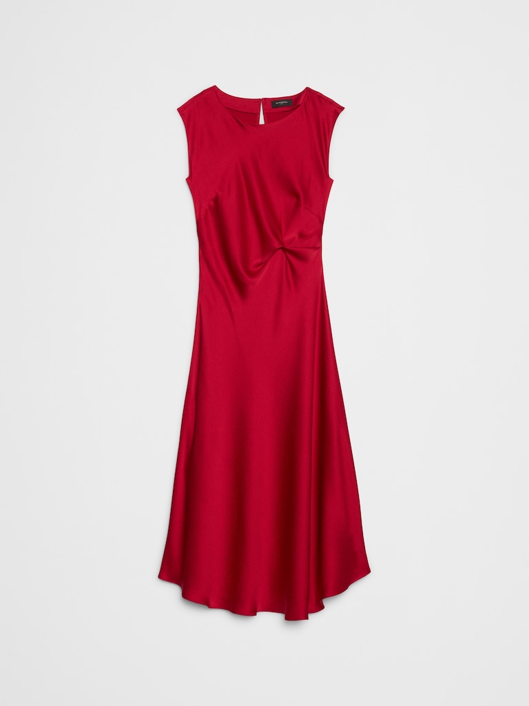 Boatneck Twist-Front Satin Midi Dress