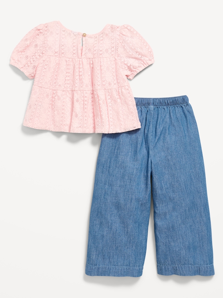 Short-Sleeve Lace Top and Chambray Pants Set for Toddler Girls
