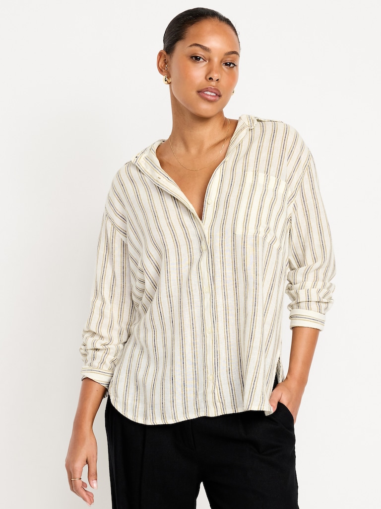 Linen-Blend Loose Button-Down Shirt