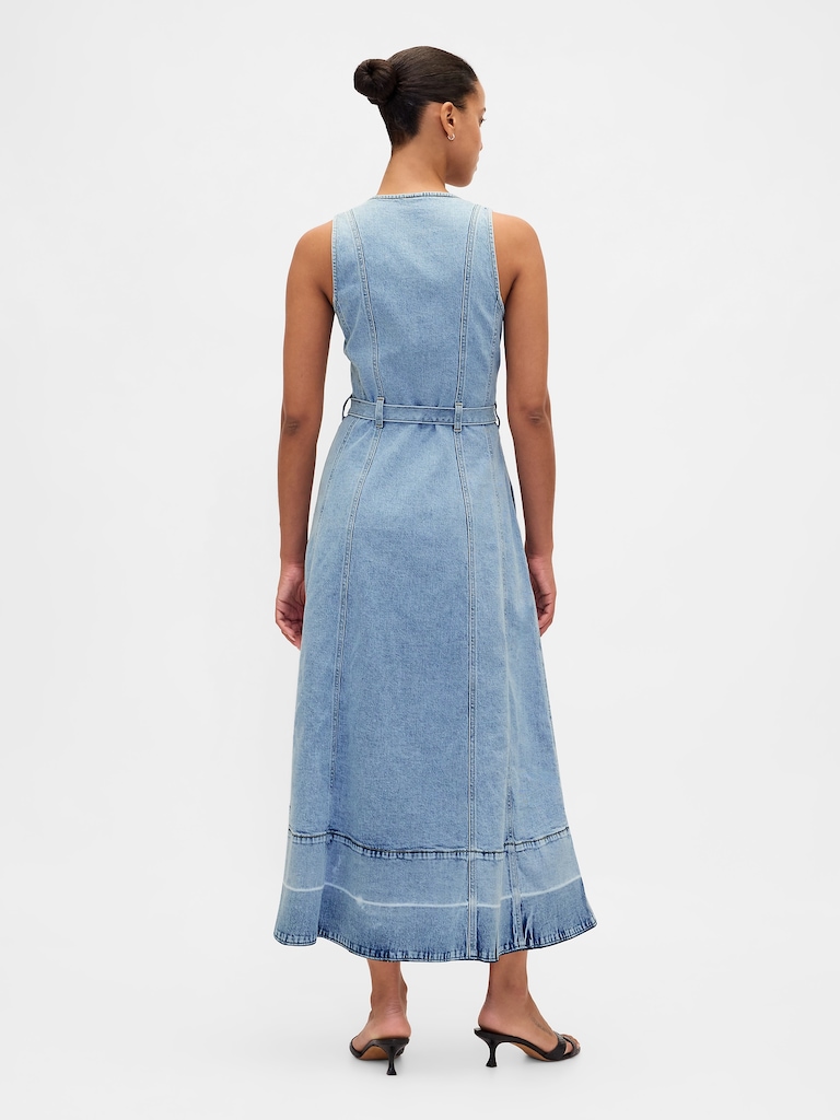Denim Belted Button-Front Maxi Dress
