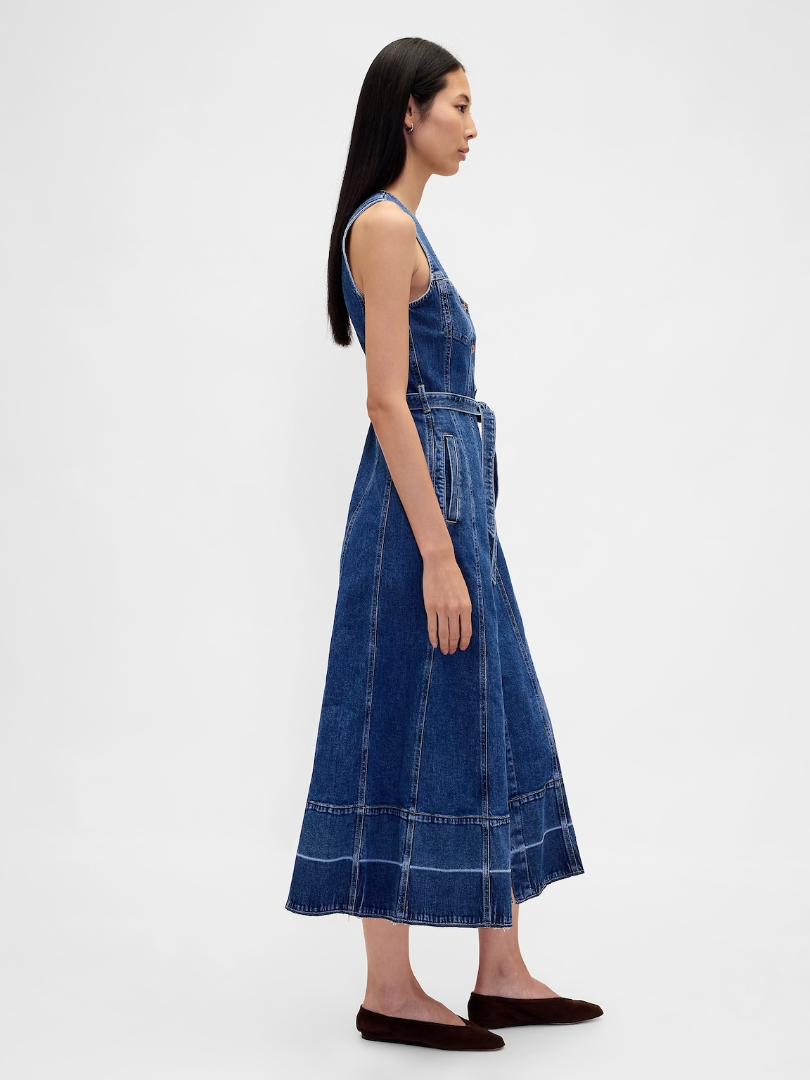 Denim Belted Button-Front Maxi Dress