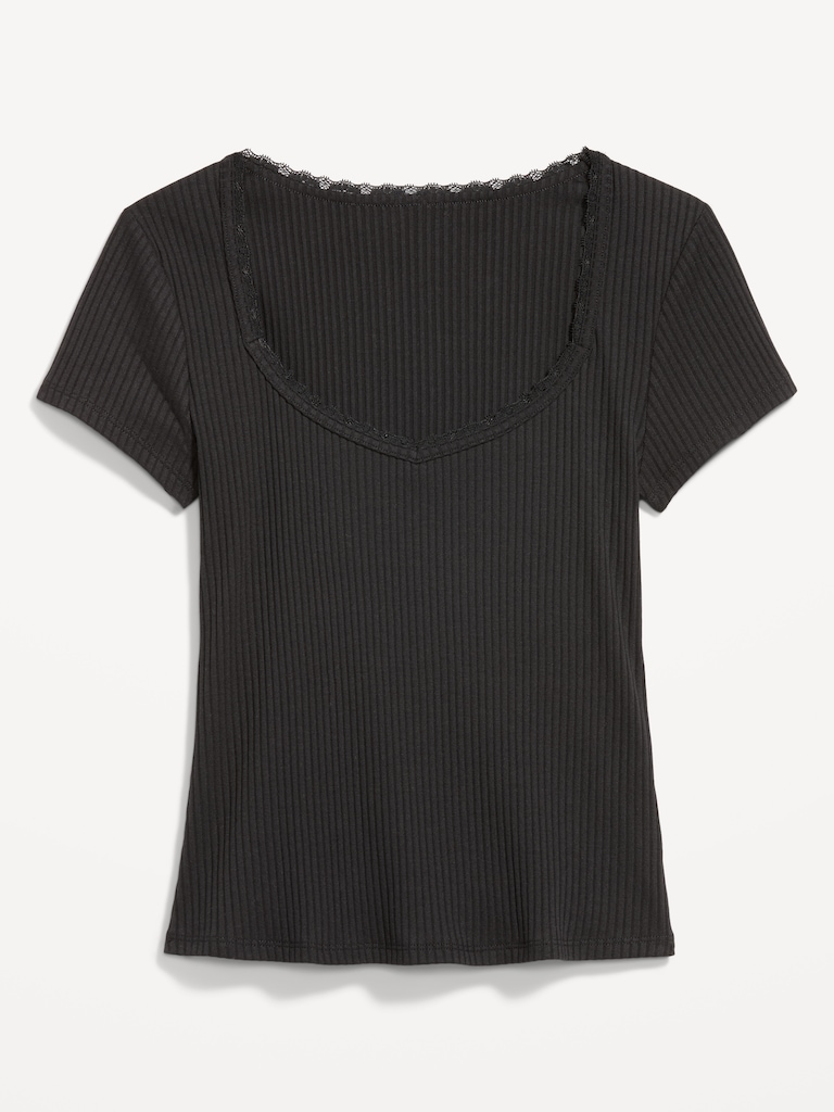Lace-Trim Sweetheart-Neck Ribbed Top