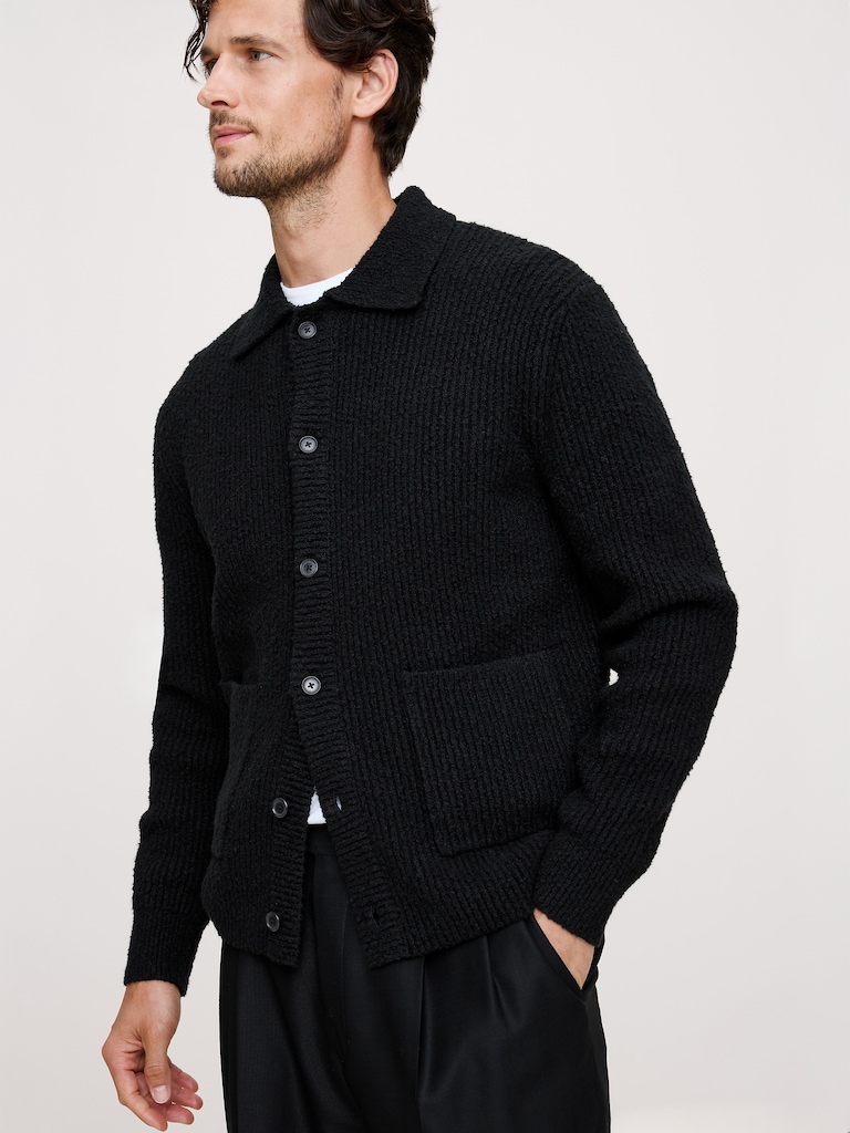 Bouclé Ribbed Polo Cardigan