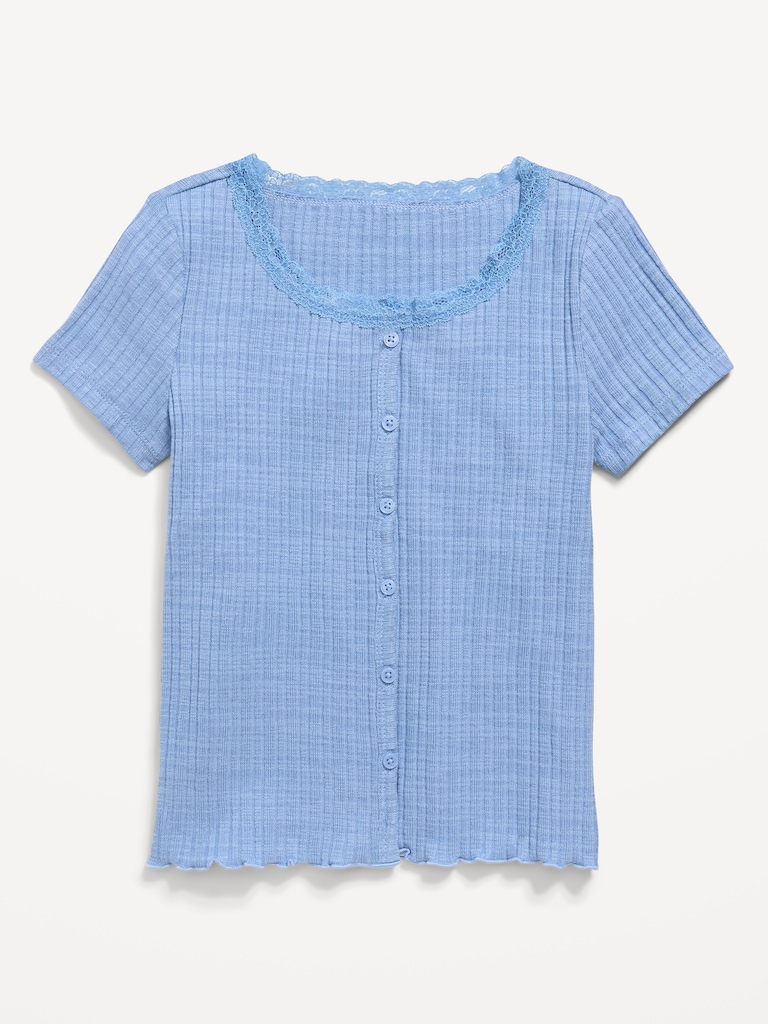 Printed Short-Sleeve Lace-Trim Button-Front Top for Girls