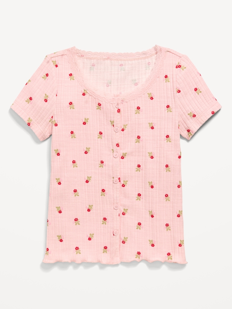 Printed Short-Sleeve Lace-Trim Button-Front Top for Girls