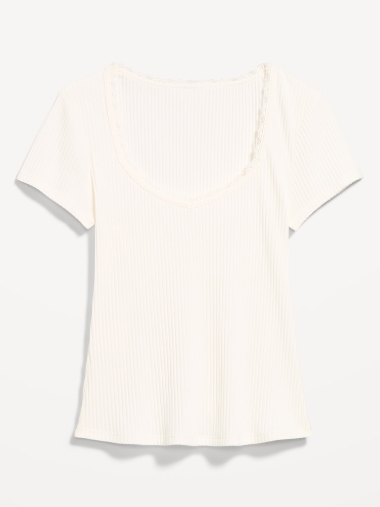 Lace-Trim Sweetheart-Neck Ribbed Top
