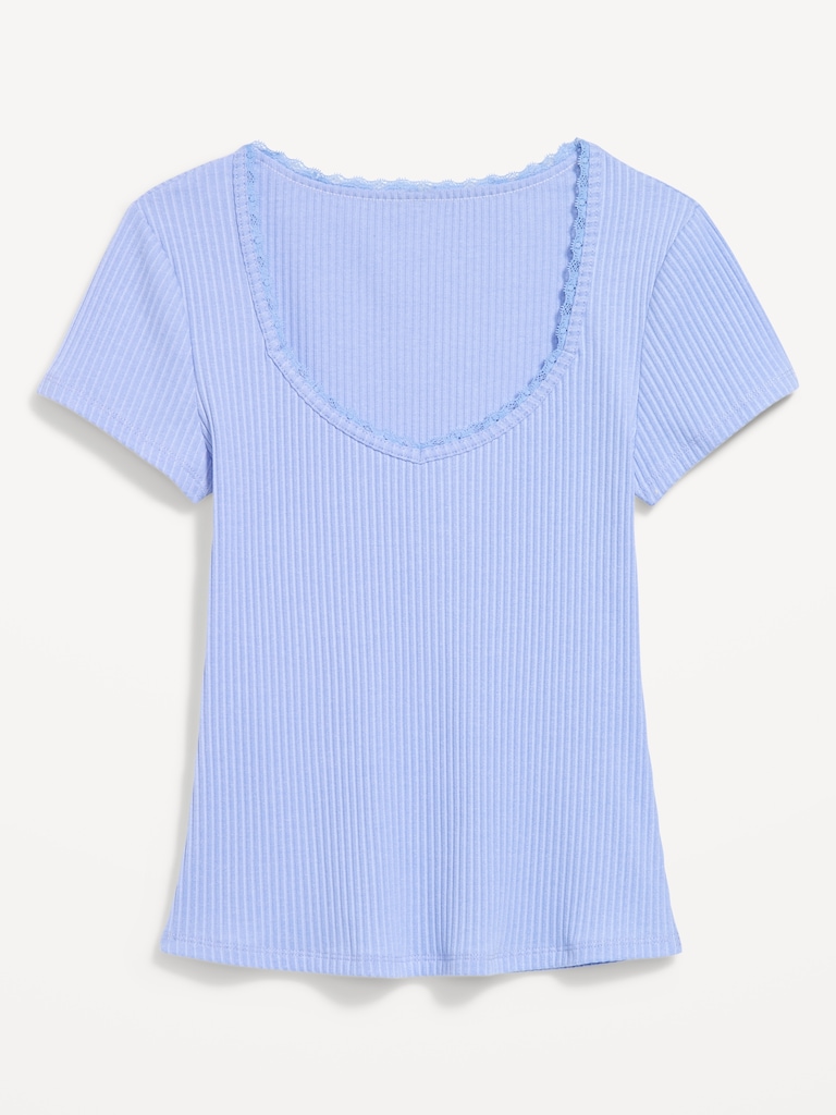 Lace-Trim Sweetheart-Neck Ribbed Top