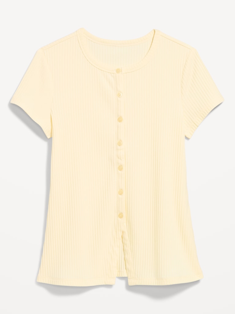Short-Sleeve Ribbed Button-Down Top