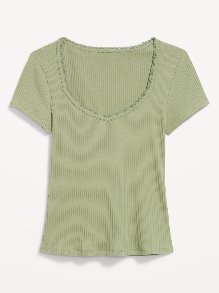 Lace-Trim Sweetheart-Neck Ribbed Top