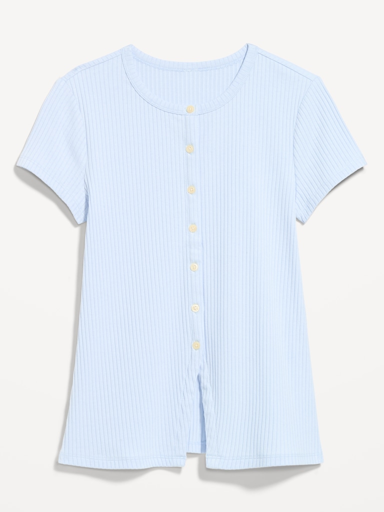 Short-Sleeve Ribbed Button-Down Top