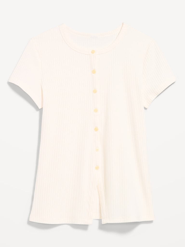 Short-Sleeve Ribbed Button-Down Top