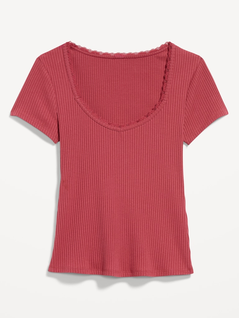 Lace-Trim Sweetheart-Neck Ribbed Top