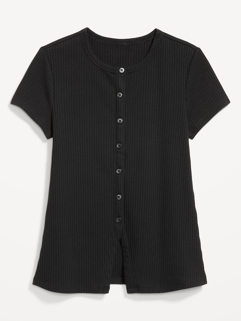 Short-Sleeve Ribbed Button-Down Top