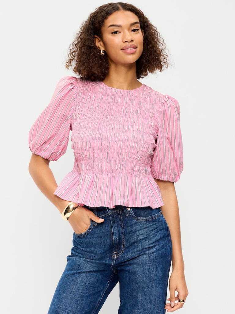 Smocked Puff Sleeve Peplum Top