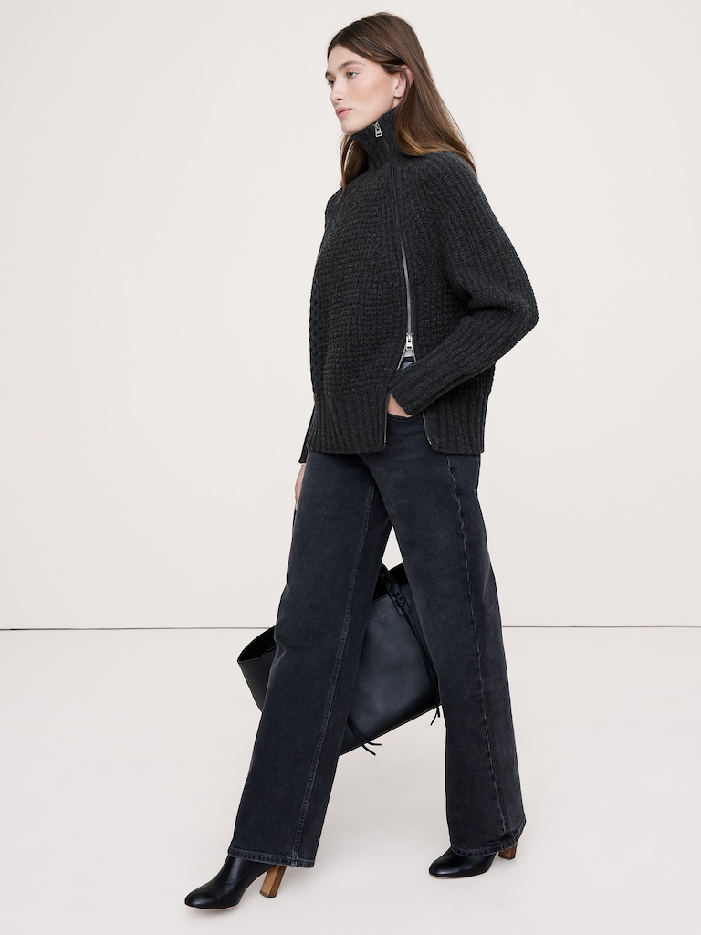 Merino-Cotton Asymmetrical Zip Sweater