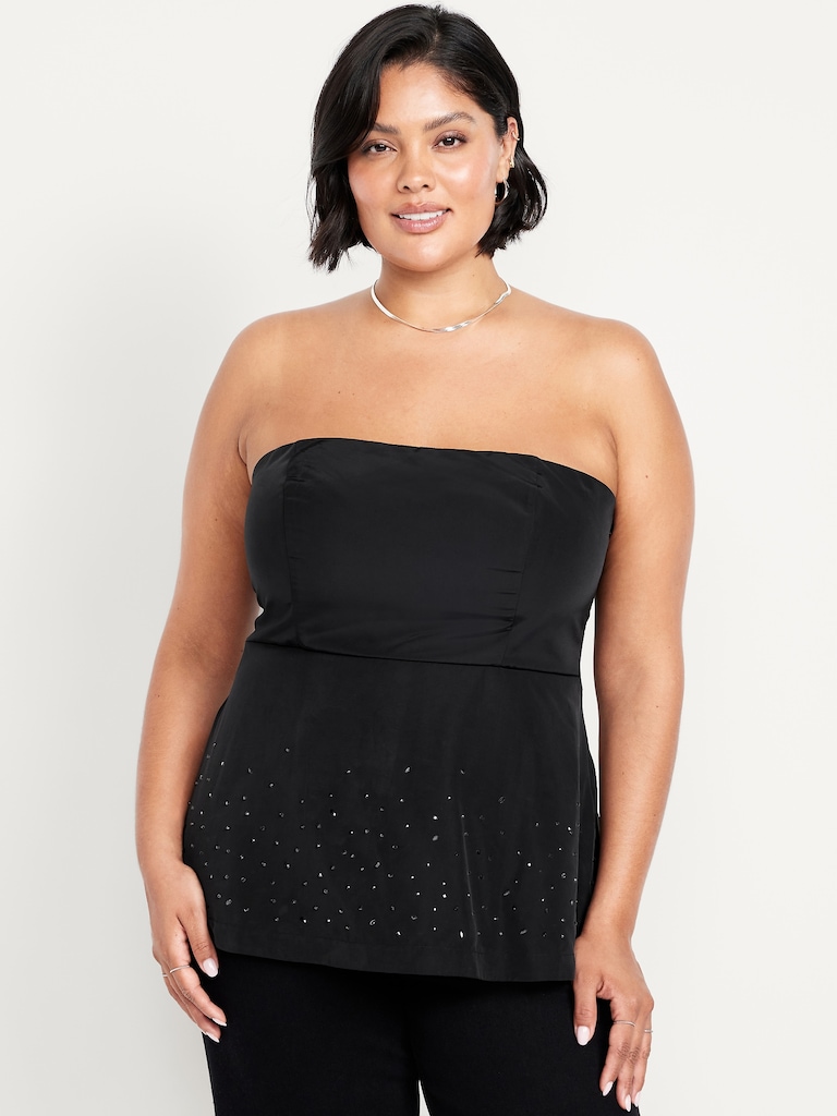 Beaded Taffeta Peplum Tube Top