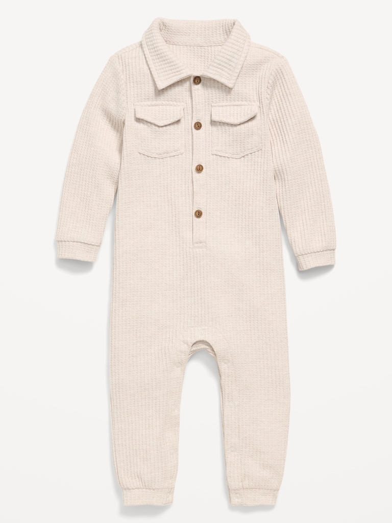 Waffle-Knit Collared One-Piece for Baby