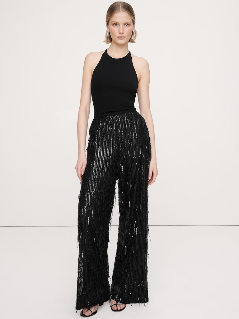 High-Rise Wide-Leg Fringe Sequin Pant