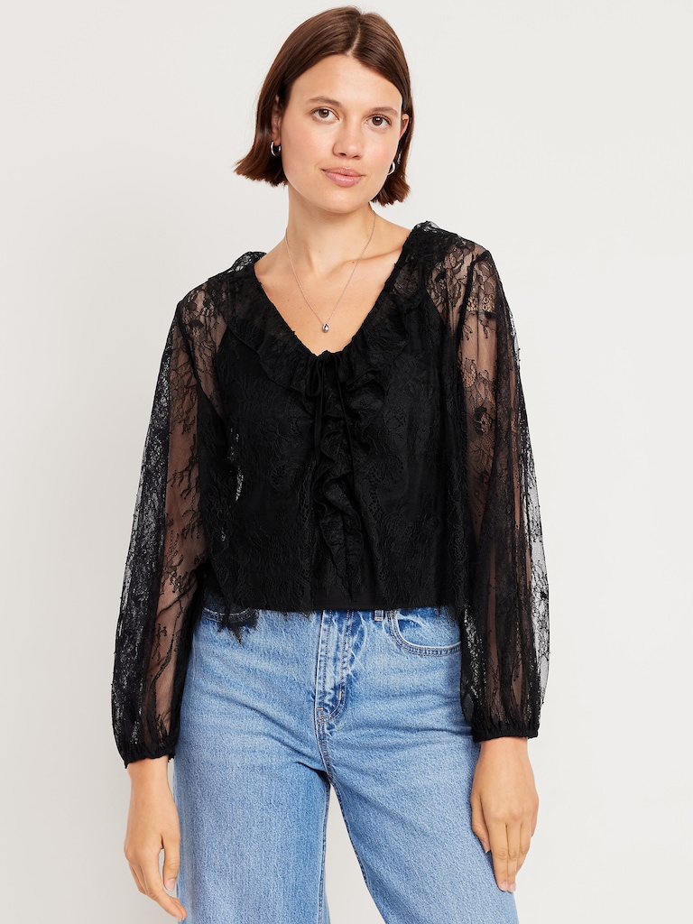 Long-Sleeve Lace V-Neck Lined Top