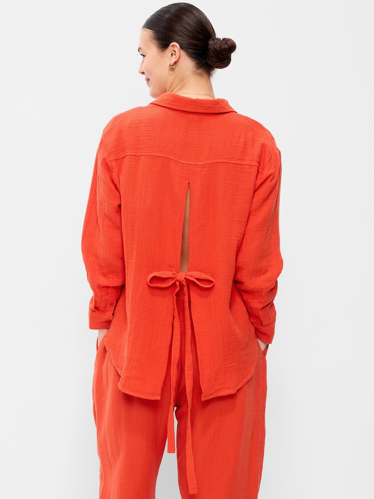 Open-Back Crinkle Gauze Button-Down Shirt