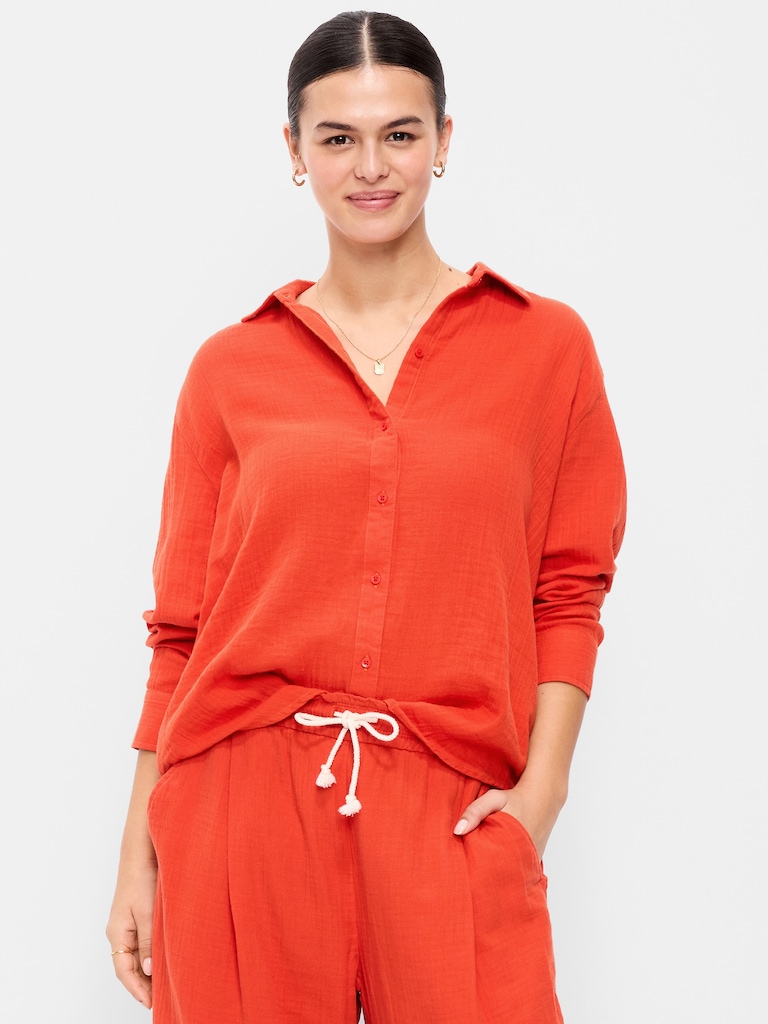 Open-Back Crinkle Gauze Button-Down Shirt