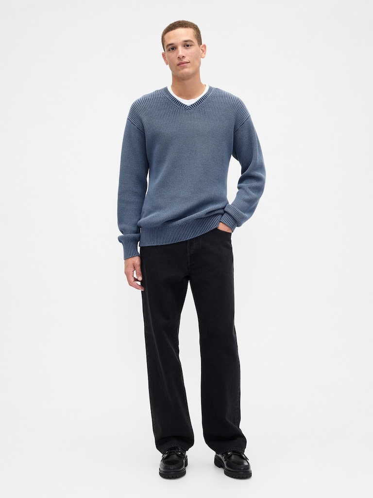 Relaxed Ribbed V-Neck Sweater