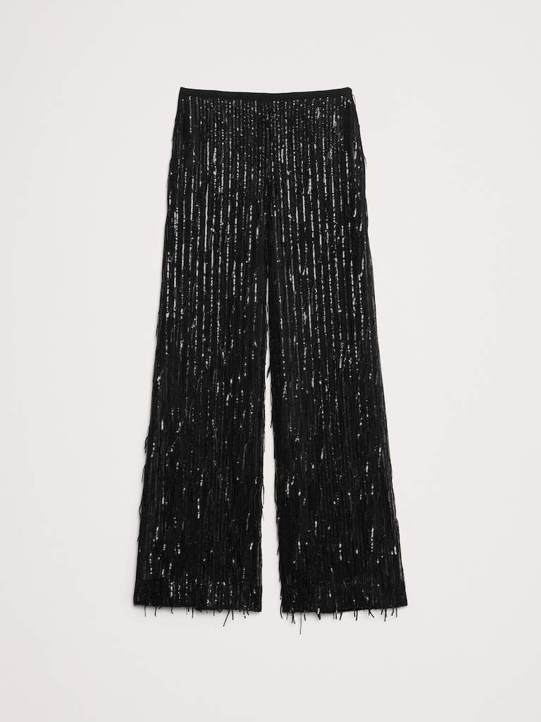 High-Rise Wide-Leg Fringe Sequin Pant